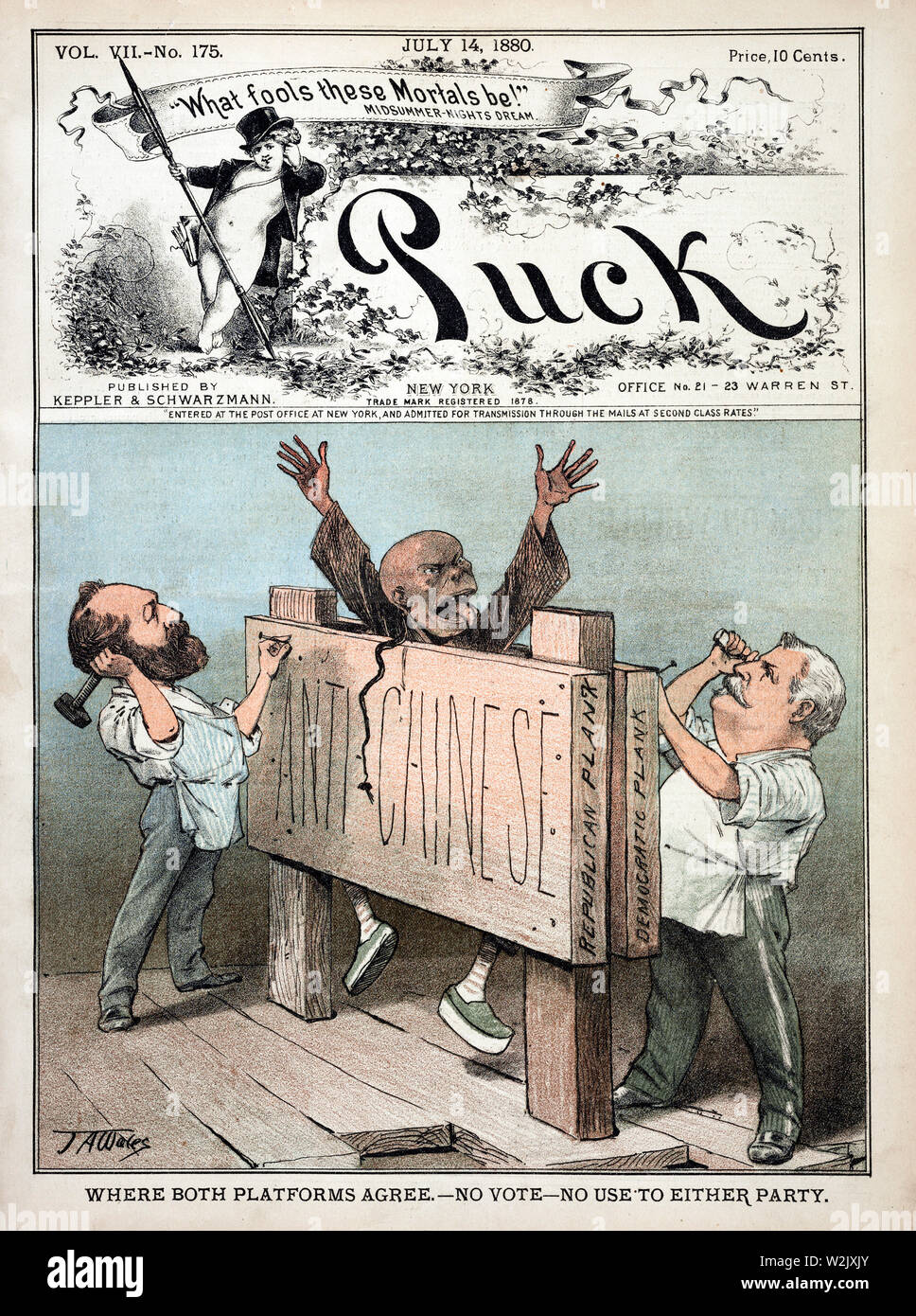 " Nel caso in cui entrambe le piattaforme d'accordo - Nessun voto - non utilizzare né da una parte né dall'altra", illustrazione mostra James Garfield e Winfield S. Hancock inchiodare un uomo cinese tra due 'Anti-Chinese' boards etichettato 'listone repubblicana" e "democratic Plank', Puck Magazine, Luglio 14, 1880 Foto Stock