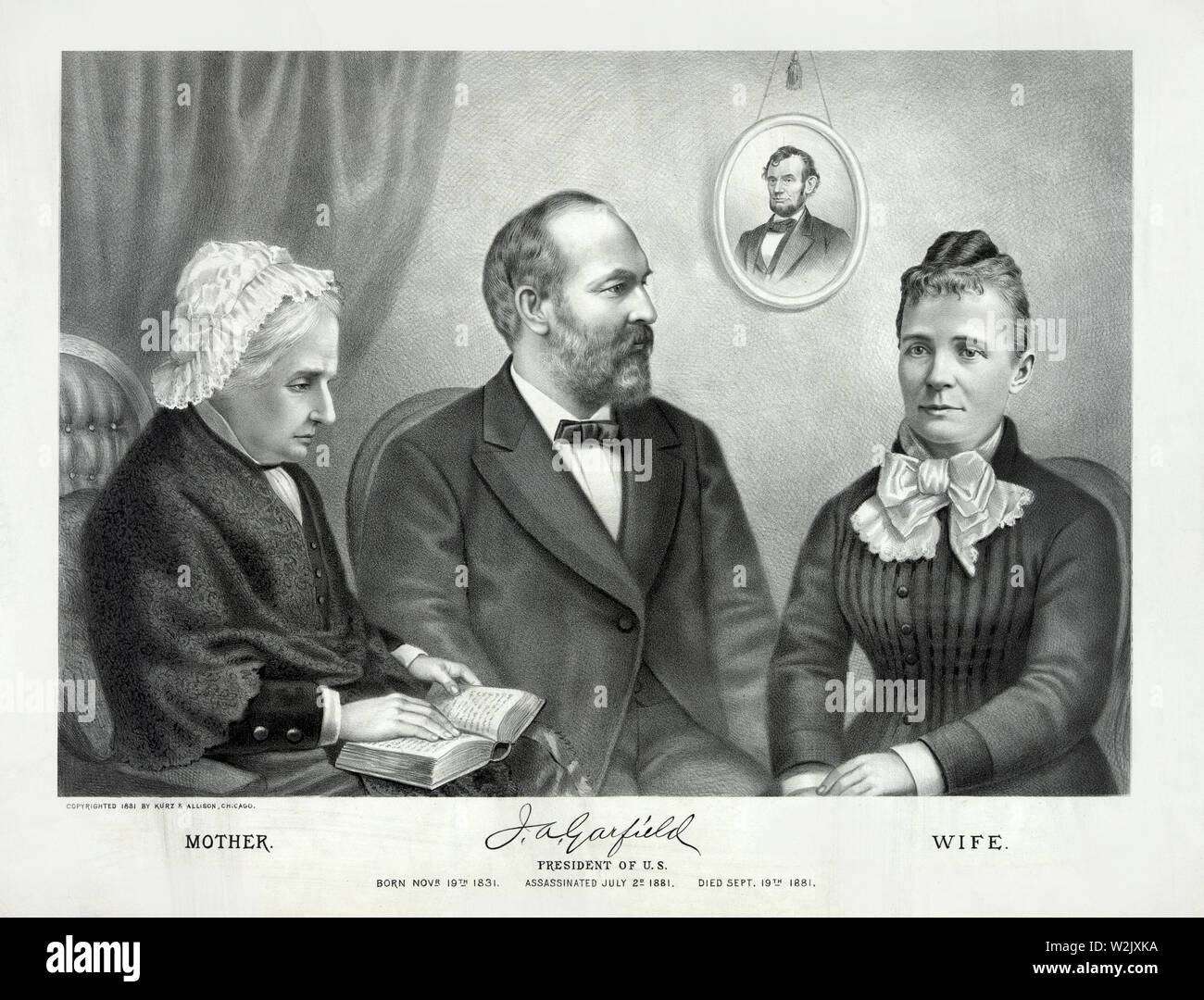 Garfield, Presidente degli Stati Uniti, seduto ritratto con la madre (sinistra) e la moglie (a destra), litografia, Kurz & Allison, 1881 Foto Stock