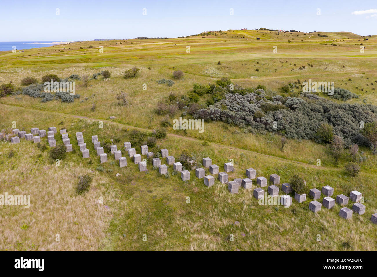 Vista aerea della Seconda Guerra Mondiale era anti-blocchi del serbatoio a Gullane Sands in East Lothian, Scozia, Regno Unito Foto Stock