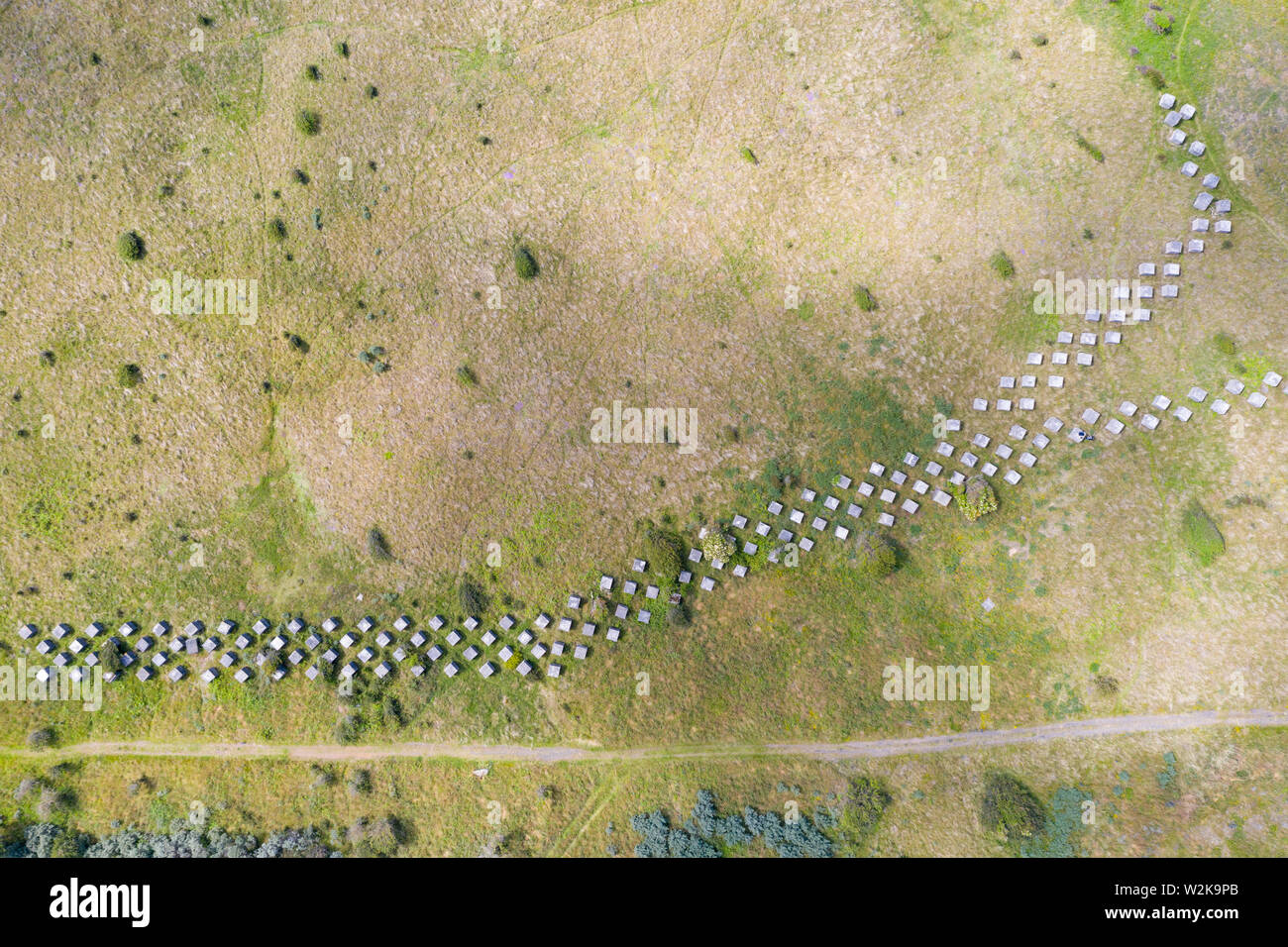 Vista aerea della Seconda Guerra Mondiale era anti-blocchi del serbatoio a Gullane Sands in East Lothian, Scozia, Regno Unito Foto Stock