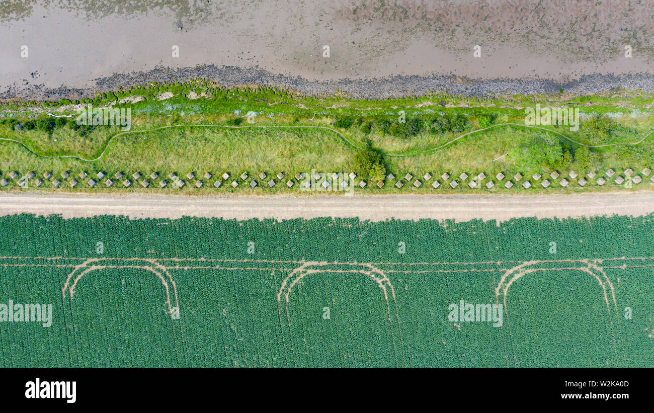Vista aerea della Seconda Guerra Mondiale era anti-serbatoio blocchi a Hedderwick in Dunbar in East Lothian, Scozia, Regno Unito Foto Stock