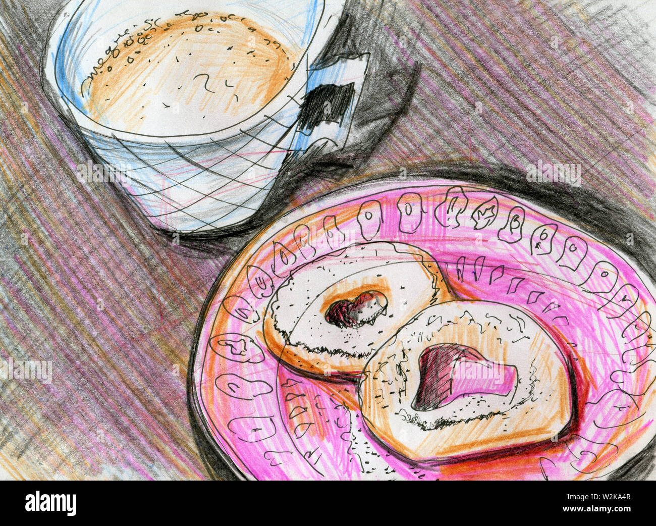 Line art con ciambelle e caffè. Due ciambelle di Leningrado con dello zucchero a velo su una piastra di colore rosa con un pattern. Canna caffè con latte condensato con schiuma in Foto Stock