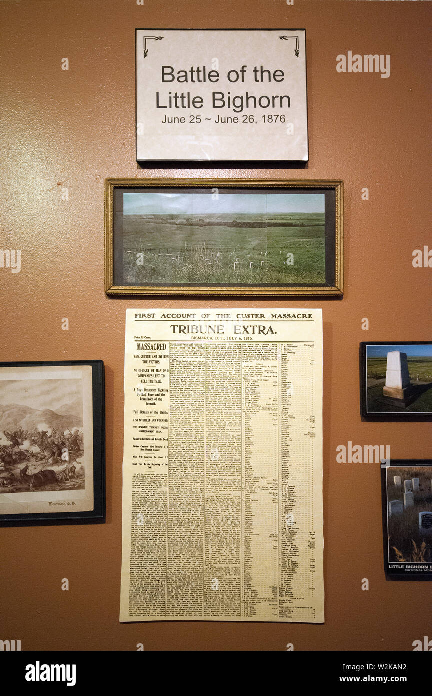 Vecchio giornale pagina sulla battaglia di Little Bighorn (1876), High Plains Western Heritage Center, Spearfish, nella contea di Lawrence, Dakota del Sud, STATI UNITI D'AMERICA Foto Stock
