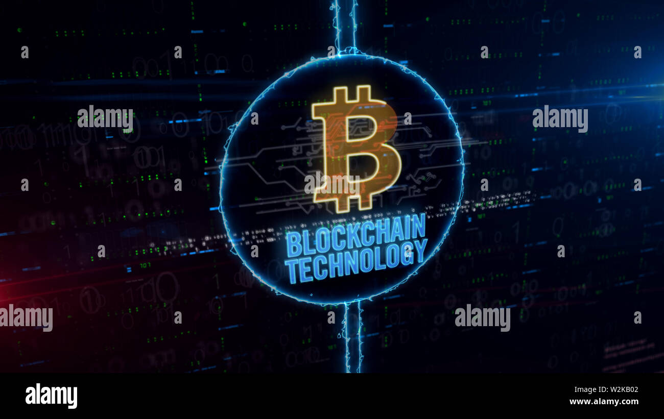 Tecnologia Blockchain e simbolo di bitcoin ologramma dinamico nel cerchio elettrico su sfondo digitale. Un concetto moderno di crypto Moneta e finanza online, Foto Stock