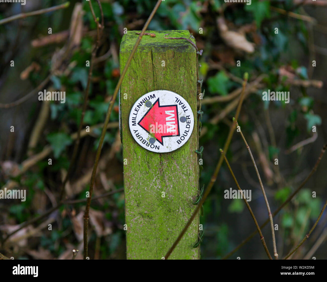 Un segno su un palo di legno dicendo "Norbury Millennium Boulder Trail", Staffordshire, England, Regno Unito Foto Stock