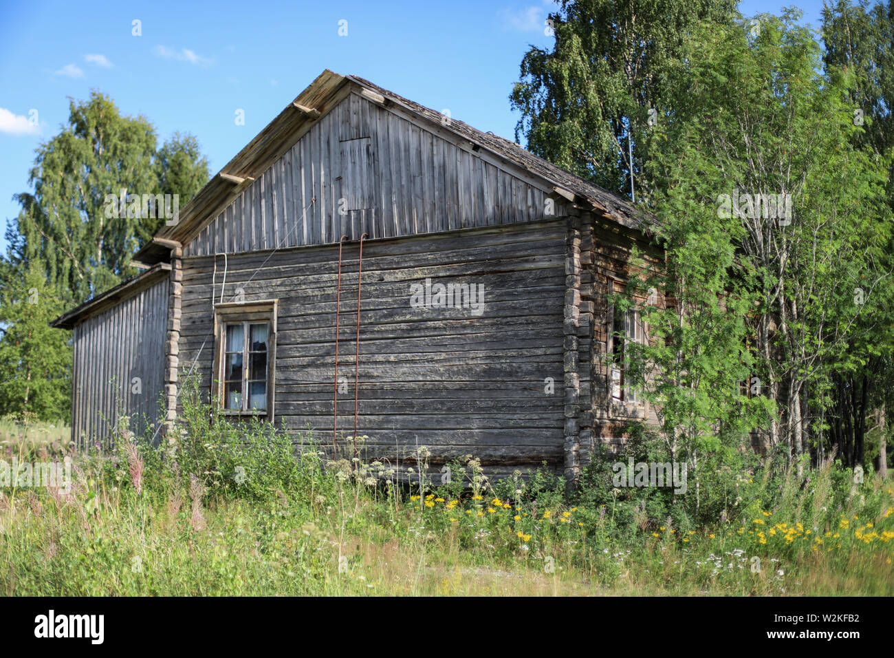 Vecchio weathered log house a casale abbandonato in Ylöjärvi, Finlandia Foto Stock