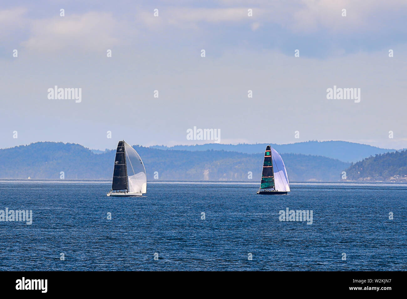 Barche a vela approfittando di una bella giornata nelle acque di San Juan Islands nello stato di Washington. Foto Stock