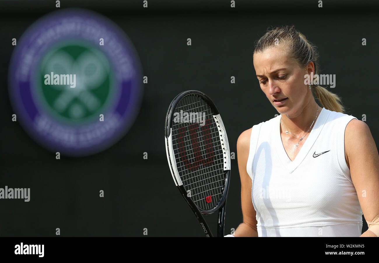 Londra, Regno Unito. 8 Luglio, 2019. Petra KVITOVA (CZE) durante la sua partita contro Johanna Konta (GBR) nella loro Ladies' Singles quarto round match. Credito: Andrea, Patrono/ZUMA filo/Alamy Live News Foto Stock