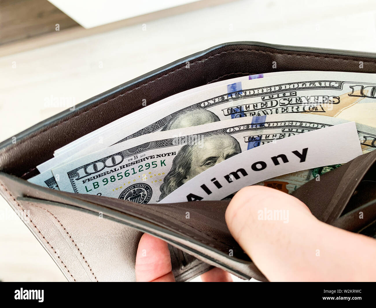 Il pagamento alimony. Il borsellino con dollarrs e carta assegni alimentari. Foto Stock