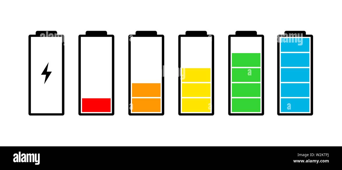 Indicatore di carica della batteria set di icone. Livello di carica piena potenza da basso a alto e spina elettrica. Gadget appartamento stato energetico illustrazione vettoriale Illustrazione Vettoriale