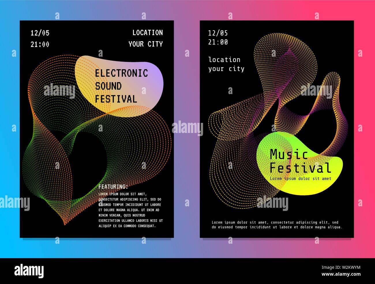 Poster del festival di musica elettronica con linee di gradiente astratte colorate e forma liquida. Futuristico electro sound fest club volantino modello di copertina. Illustrazione pubblicitaria Vector DJ Illustrazione Vettoriale