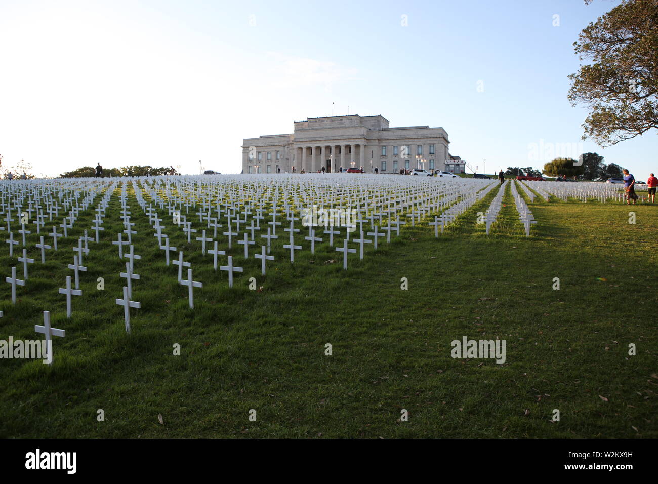 Servizio commemorativo per i soldati caduti. Croci bianche nel parco. Foto Stock