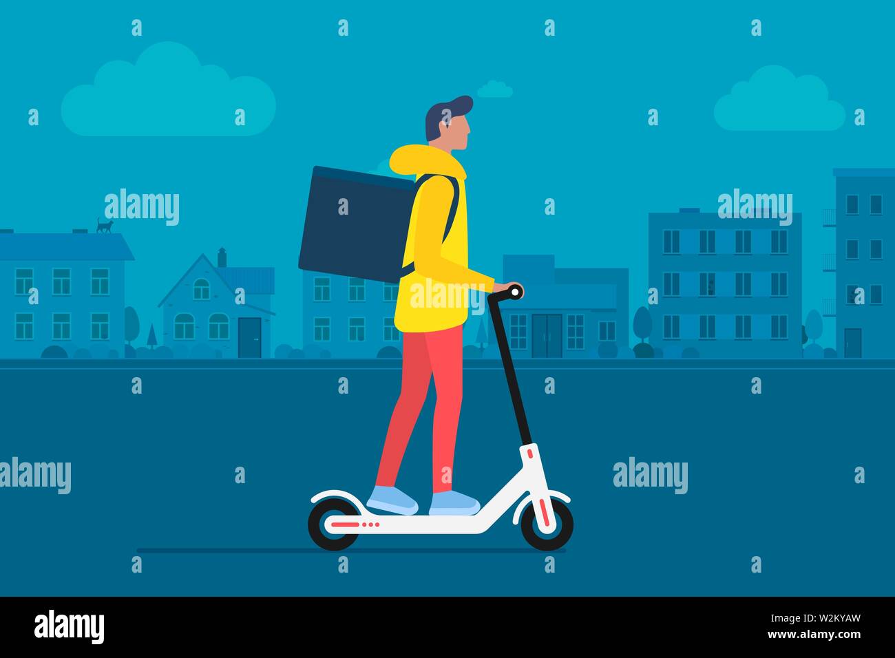 Consegna courier giovane maschio scooter elettrico guida con confezione prodotto scatola. Concetto di servizio di spedizione veloce sulla strada della città. Illustrazione vettoriale hipster attivo adulto millenario sul paesaggio urbano Illustrazione Vettoriale