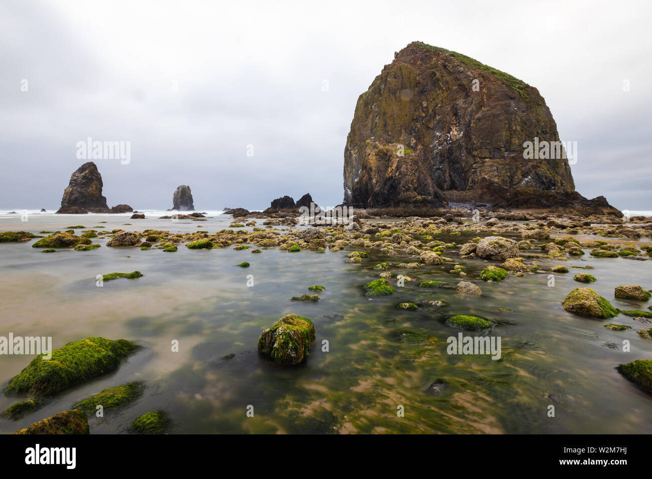Cannon Beach è una città nella Contea di Clatsop, Oregon, Stati Uniti, drammatiche previsioni prima di una tempesta di pioggia, turismo USA, sabbia, paesaggio, paesaggio Foto Stock