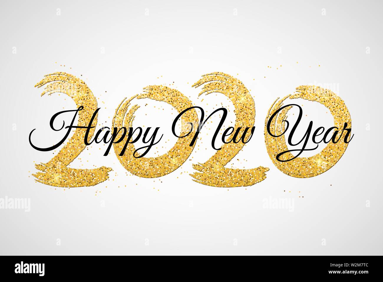 Felice anno nuovo 2020. Numeri di golden luccica con nero calligraphy. Grunge pennello. Golden coriandoli. Illustrazione Vettoriale. EPS 10 Illustrazione Vettoriale