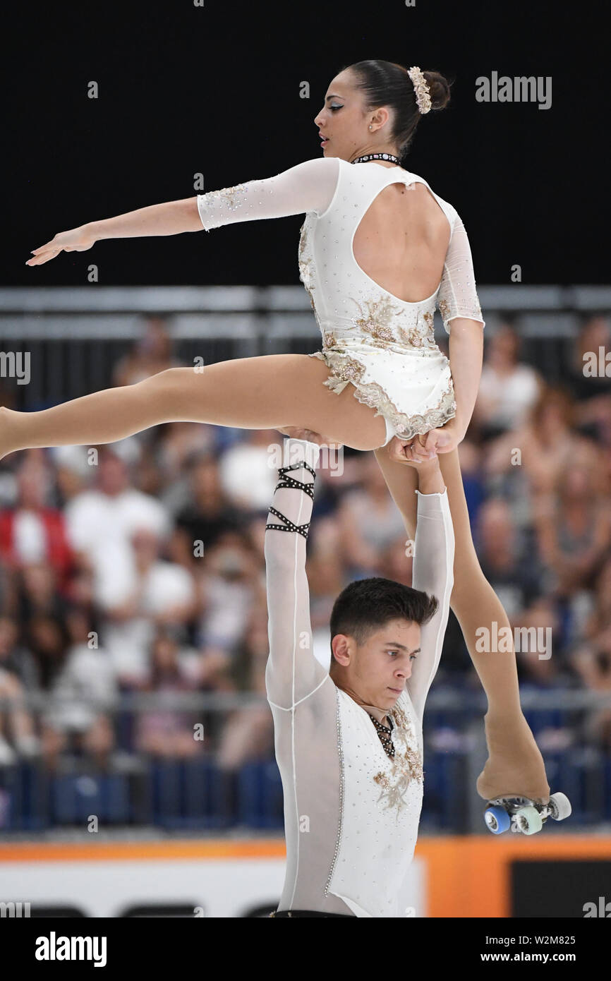 Barcellona, Spagna. 9 Luglio, 2019. MICOL MILLS-TOMMASO CORTINI dall'Italia, eseguendo in coppie Junior, lungo programma, hanno classificato in 1st. Posizione del rullo del mondo giochi 2019, a Palau Sant Jordi, sulla luglio 09, 2019 Barcellona, Spagna. Credito: Raniero Corbelletti/AFLO/Alamy Live News Foto Stock