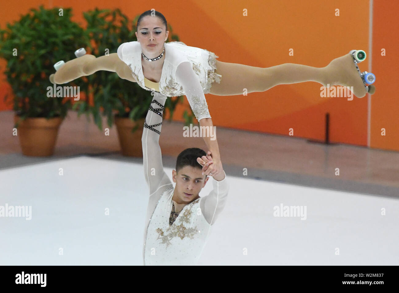 Barcellona, Spagna. 9 Luglio, 2019. MICOL MILLS-TOMMASO CORTINI dall'Italia, eseguendo in coppie Junior, lungo programma, hanno classificato in 1st. Posizione del rullo del mondo giochi 2019, a Palau Sant Jordi, sulla luglio 09, 2019 Barcellona, Spagna. Credito: Raniero Corbelletti/AFLO/Alamy Live News Foto Stock