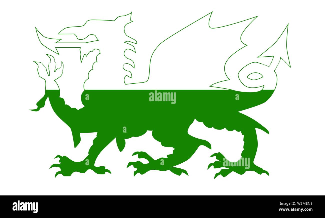 Il Welsh Dragon in profilo impostato su uno sfondo bianco con bandiera Illustrazione Vettoriale