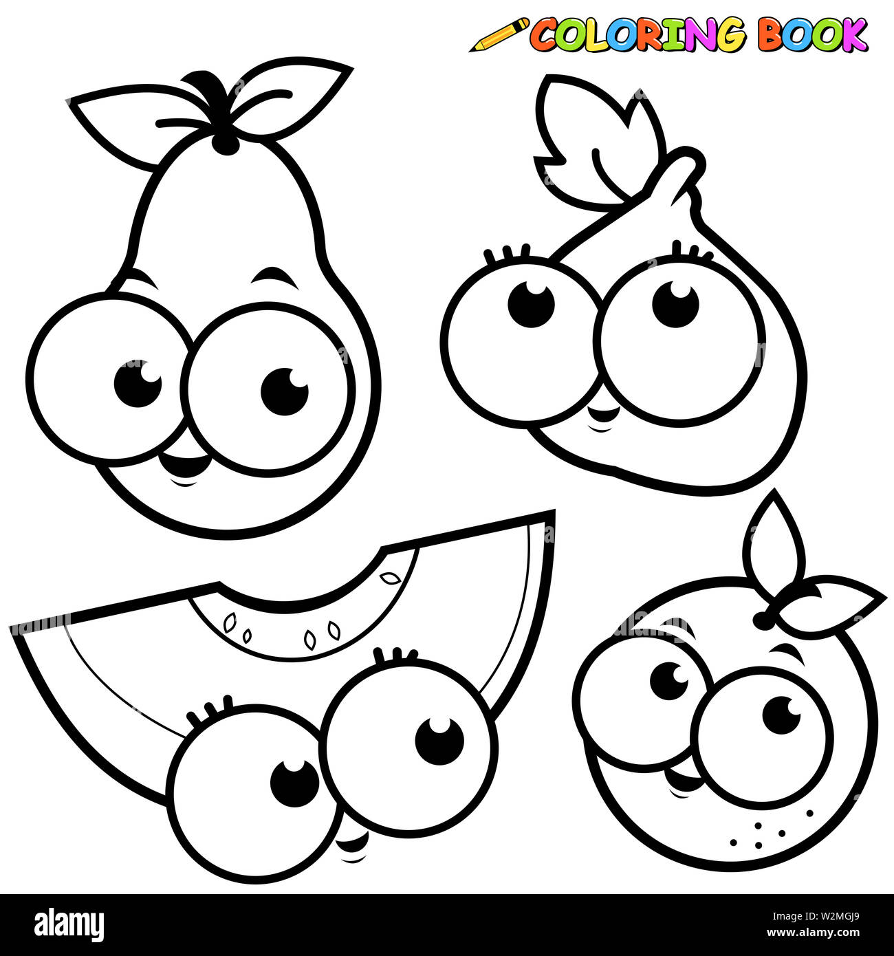 Bianco e nero illustrazione di contorno di frutta cartoni animati: pera, fig, melone e arancio Foto Stock