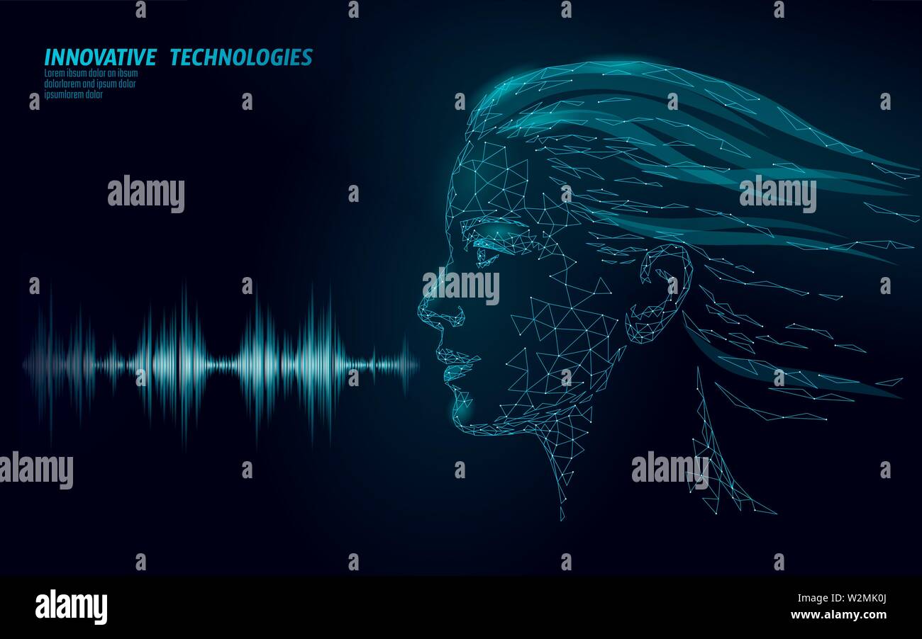 Assistente virtuale il riconoscimento vocale tecnologia di servizio. AI intelligenza artificiale di supporto del robot. Chatbot bellissimo volto femminile bassa poli vettore Illustrazione Vettoriale