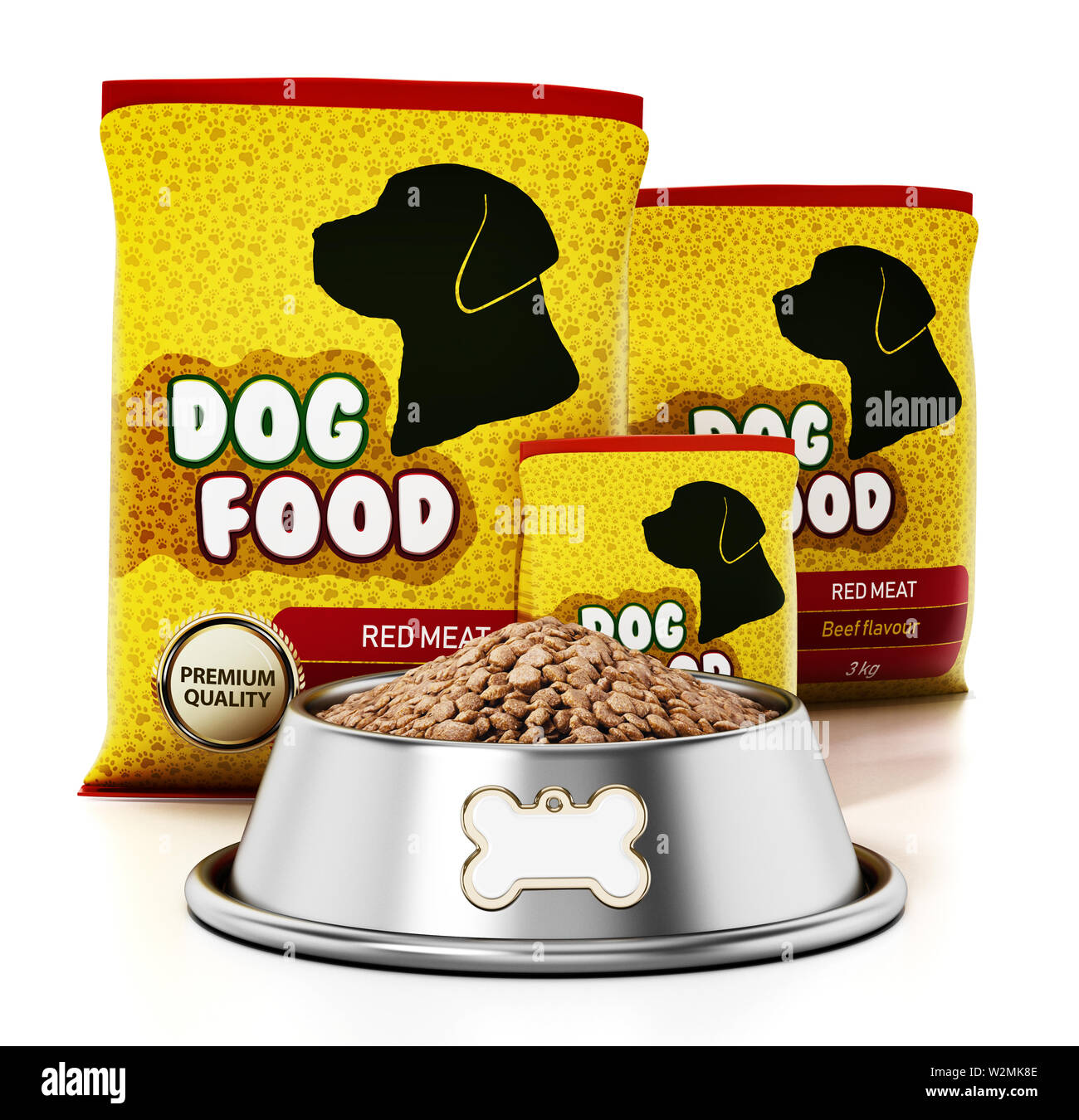 I pacchetti e il cibo per cani nella ciotola in acciaio. 3D'illustrazione. Foto Stock
