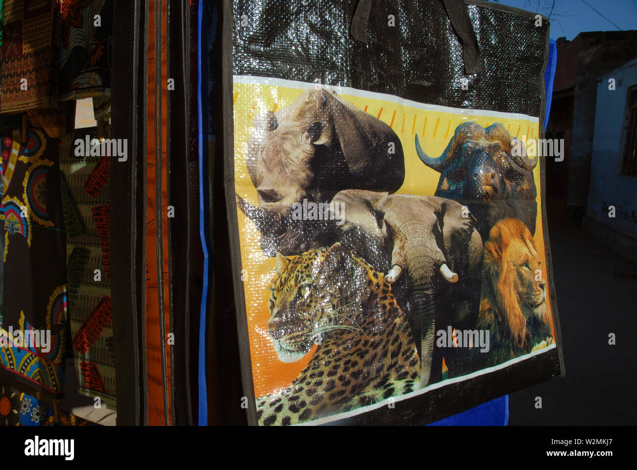 Sacchetto di plastica con i "Big Five" animali africani, Mwandi, Zambia, Africa. Foto Stock