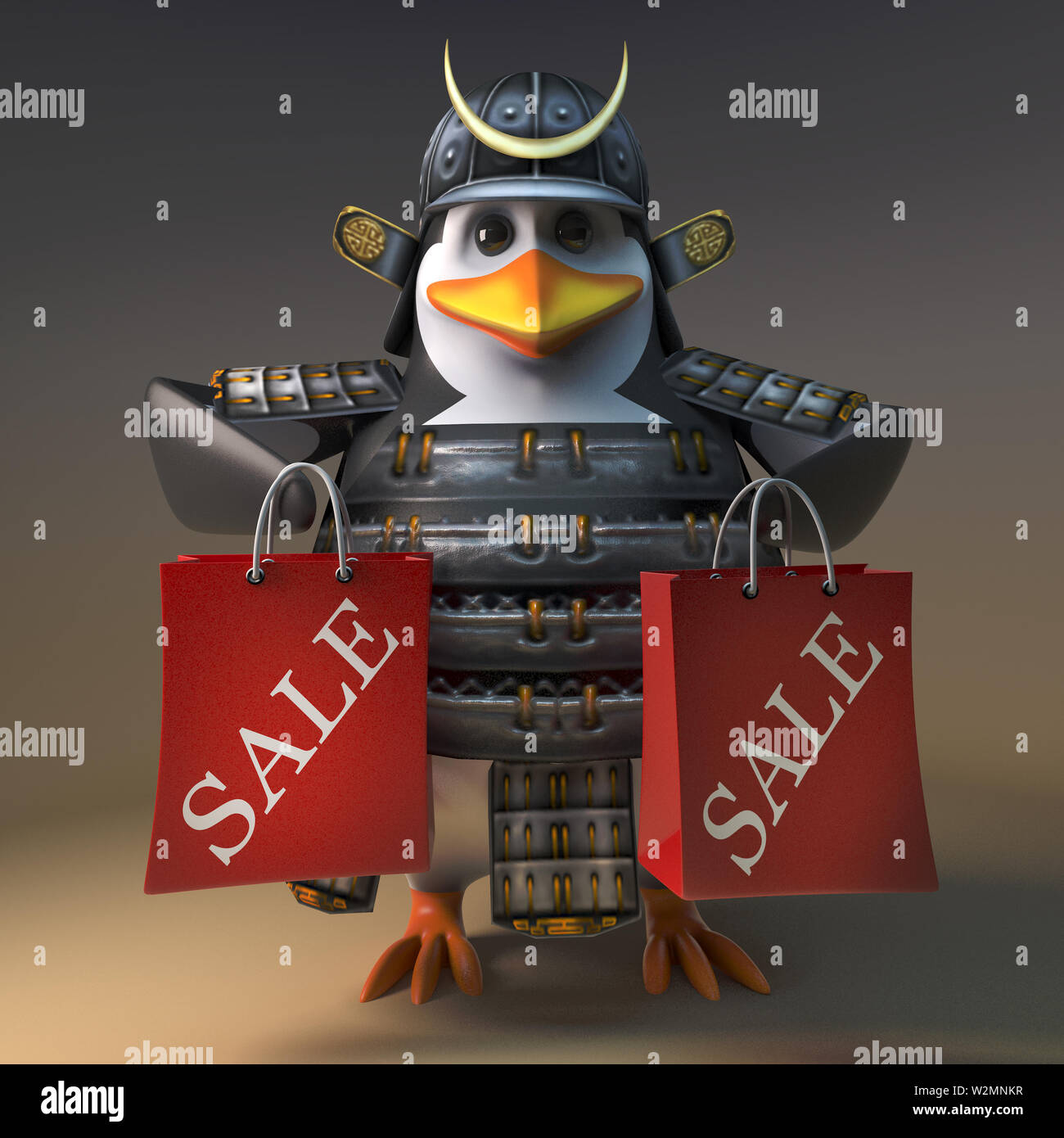 Bargain hunter giapponese samurai warrior Penguin è stato alle vendite shopping, 3D render illustrazione Foto Stock