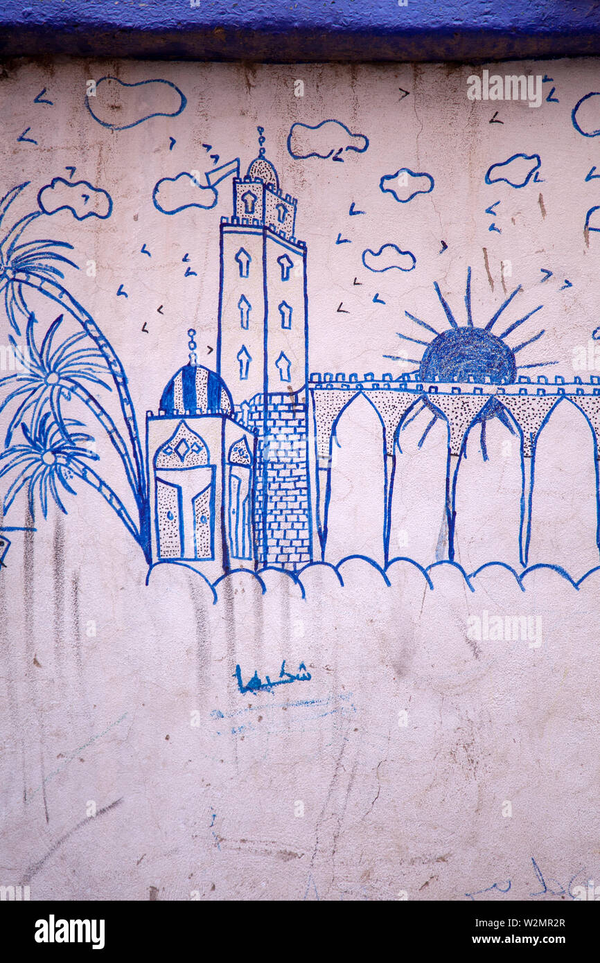 Disegno su una parete nella Medina di Marrakech, Marocco Foto Stock