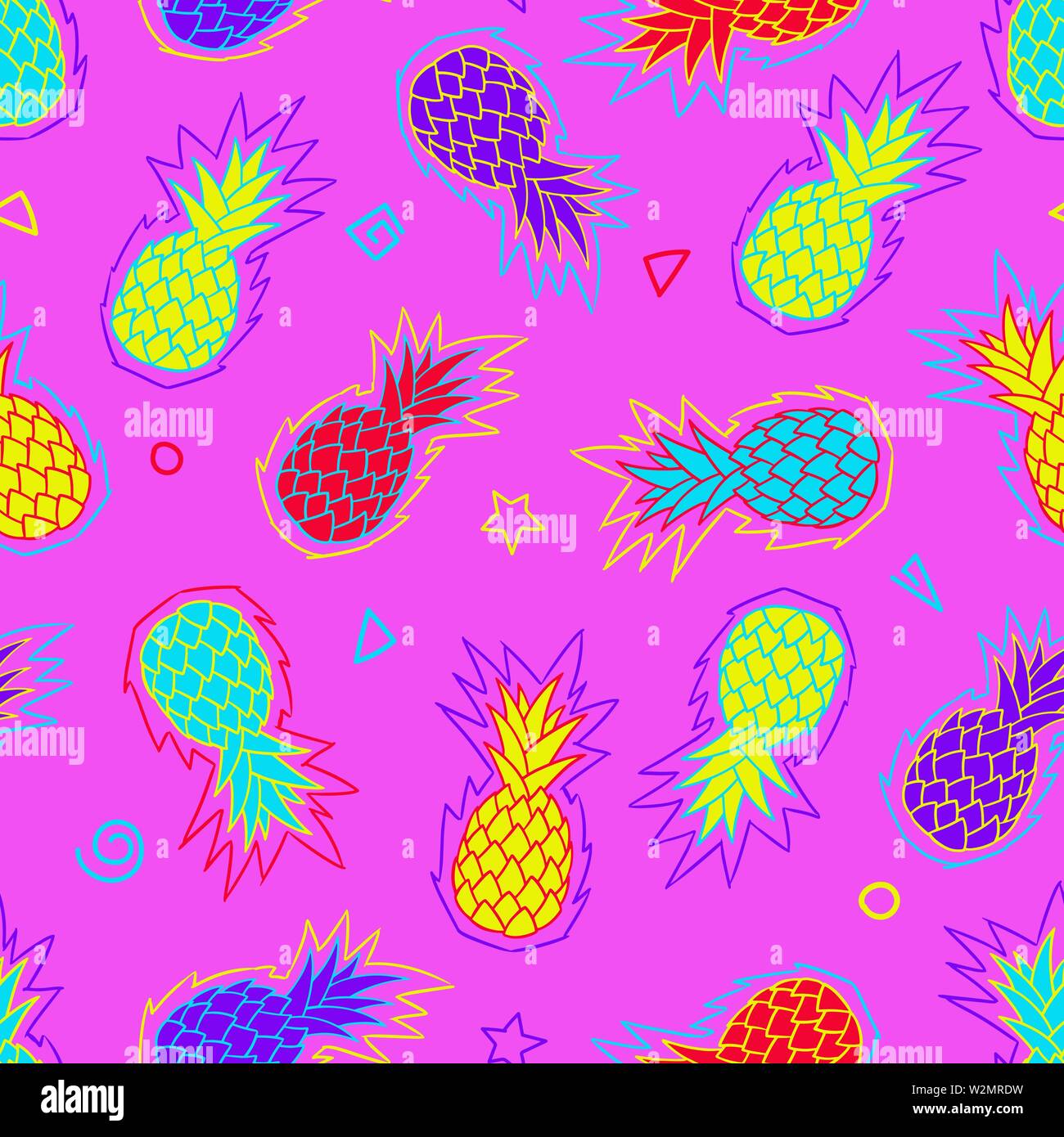 Ananas seamless pattern. Zine cultura. Il neon luminoso schema colore. Illustrazione Vettoriale sfondo. Per la stampa tessile, web, home decor, moda, Illustrazione Vettoriale