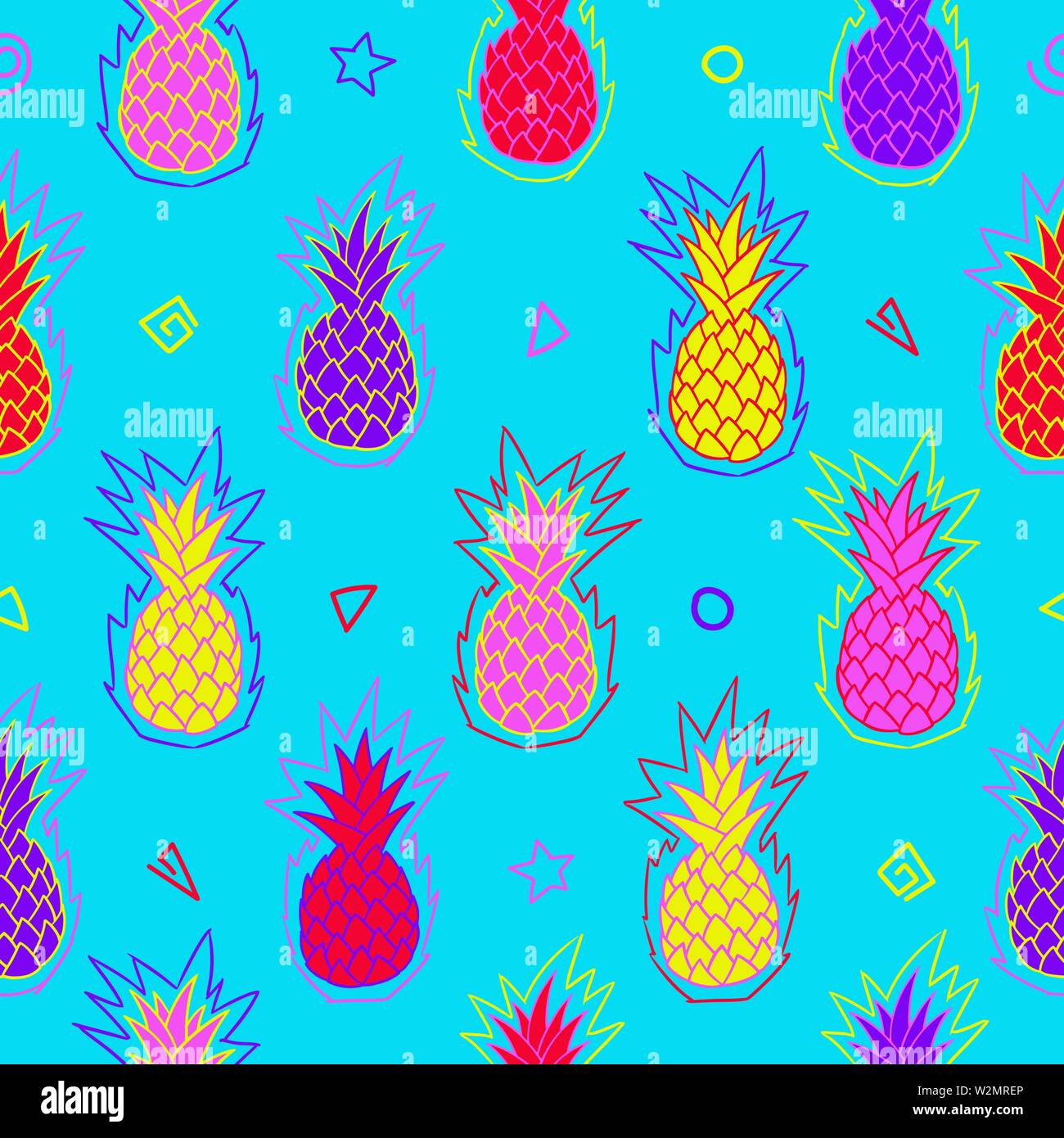 Ananas seamless pattern. Zine cultura. Il neon luminoso schema colore. Illustrazione Vettoriale sfondo. Per la stampa tessile, web, home decor, moda, Illustrazione Vettoriale