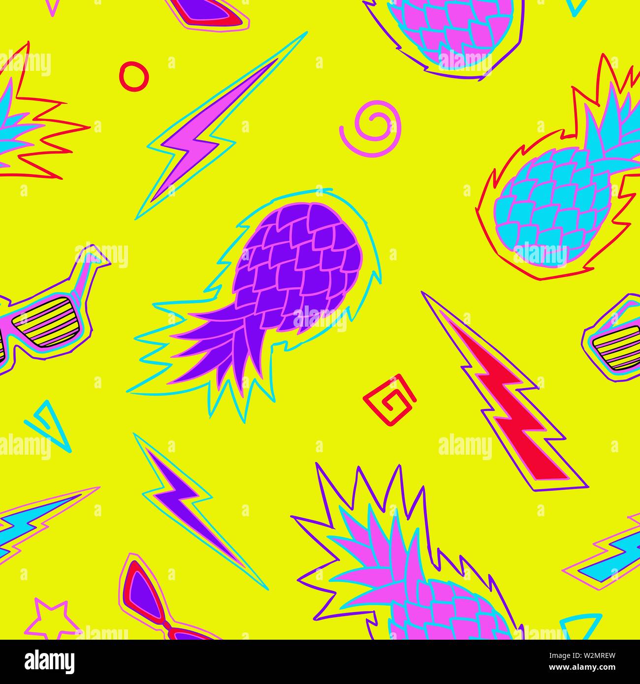 Ananas seamless pattern. Zine cultura. Il neon luminoso schema colore. Illustrazione Vettoriale sfondo. Per la stampa tessile, web, home decor, moda, Illustrazione Vettoriale