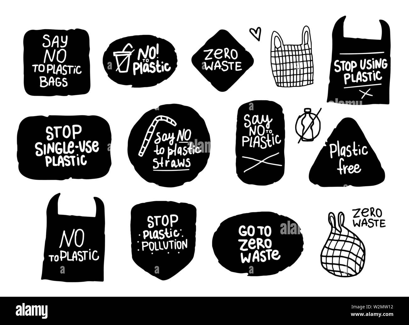 Nessun set di plastica segno, scritta a mano. Sagoma nera etichetta. Concept design per ambientali del prodotto Illustrazione Vettoriale