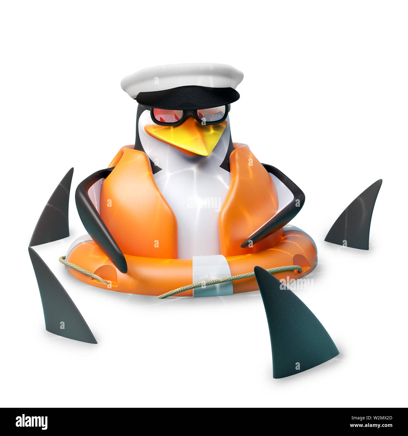 Povero marinaio flottante pinguino in marinai hat è flottante nel mezzo di un branco di squali, 3D render illustrazione Foto Stock