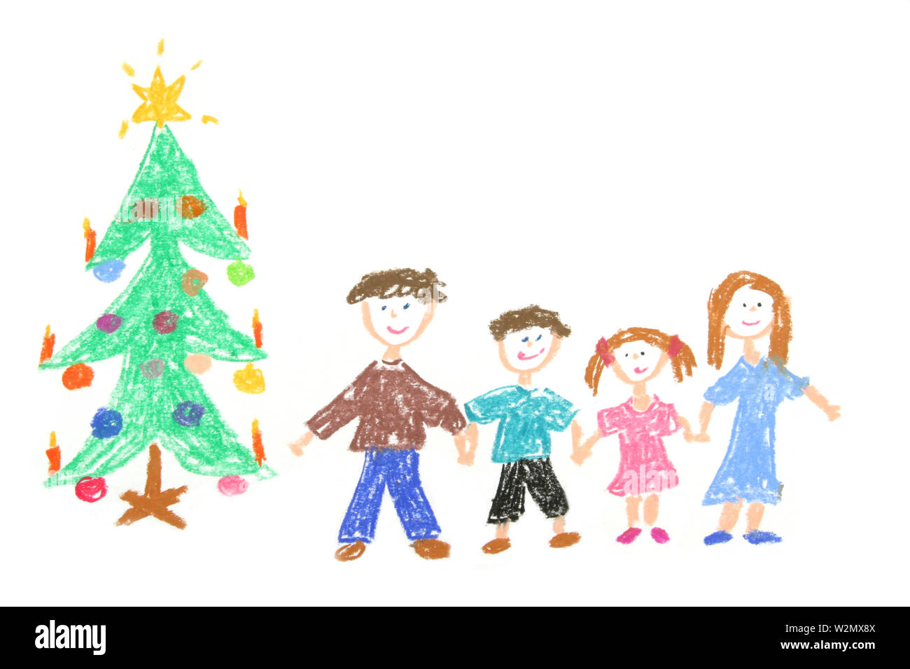 La famiglia felice con albero di Natale decorato. Childs disegno realizzato con le matite di colore pastello Foto Stock