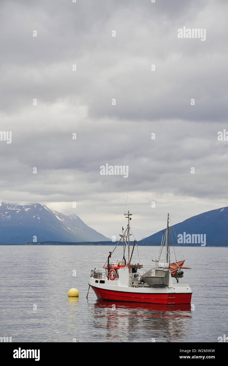 Barca da pesca nel fiordo di Lyngen, Norvegia Foto Stock