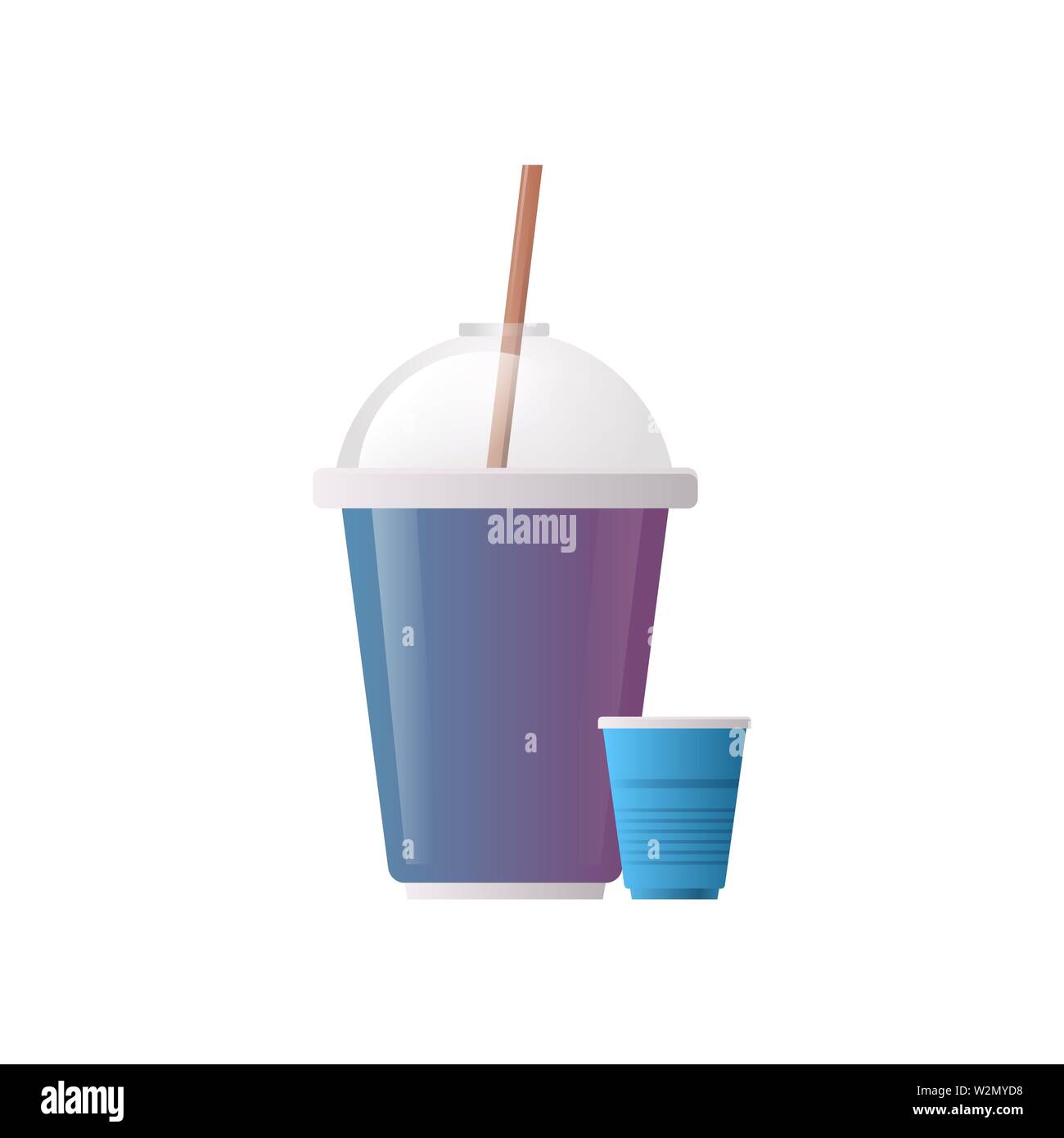 Plastica tazza monouso per bevande con sfera cappuccio della dome e paglia piatto sfondo bianco Illustrazione Vettoriale