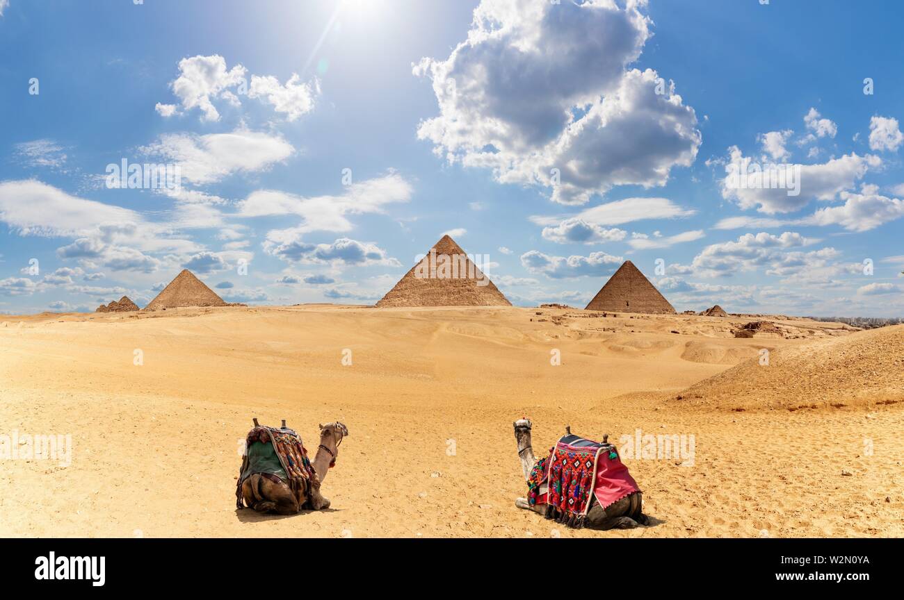 Egitto piramidi panorama con due cammelli sotto le nuvole. Foto Stock