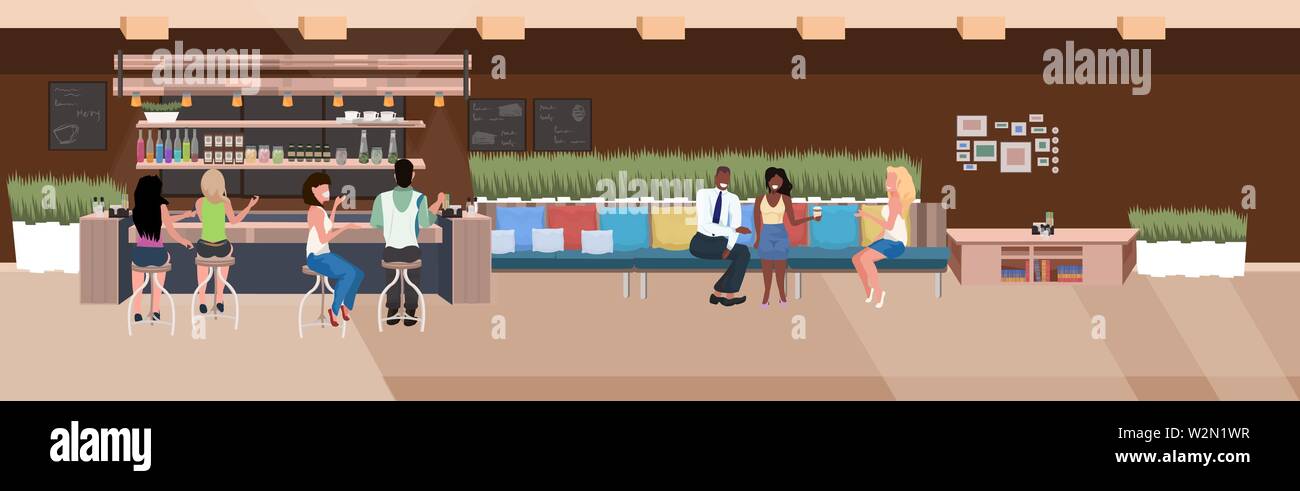 Mix corsa persone bere bevande amici seduti al cafe tabelle i visitatori di trascorrere del tempo insieme e moderno ristorante interno orizzontale piana pieno Illustrazione Vettoriale