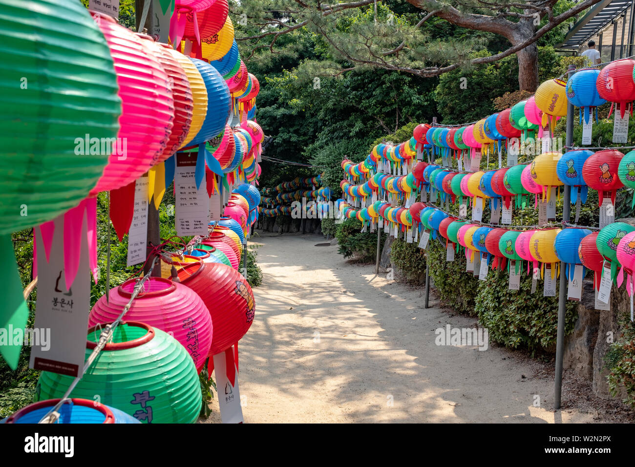 Close-up di lanterne di vari colori, impostare lungo un sentiero pedonale, durante il giorno al Bongeunsa tempio buddista, Seoul, Corea del Sud Foto Stock