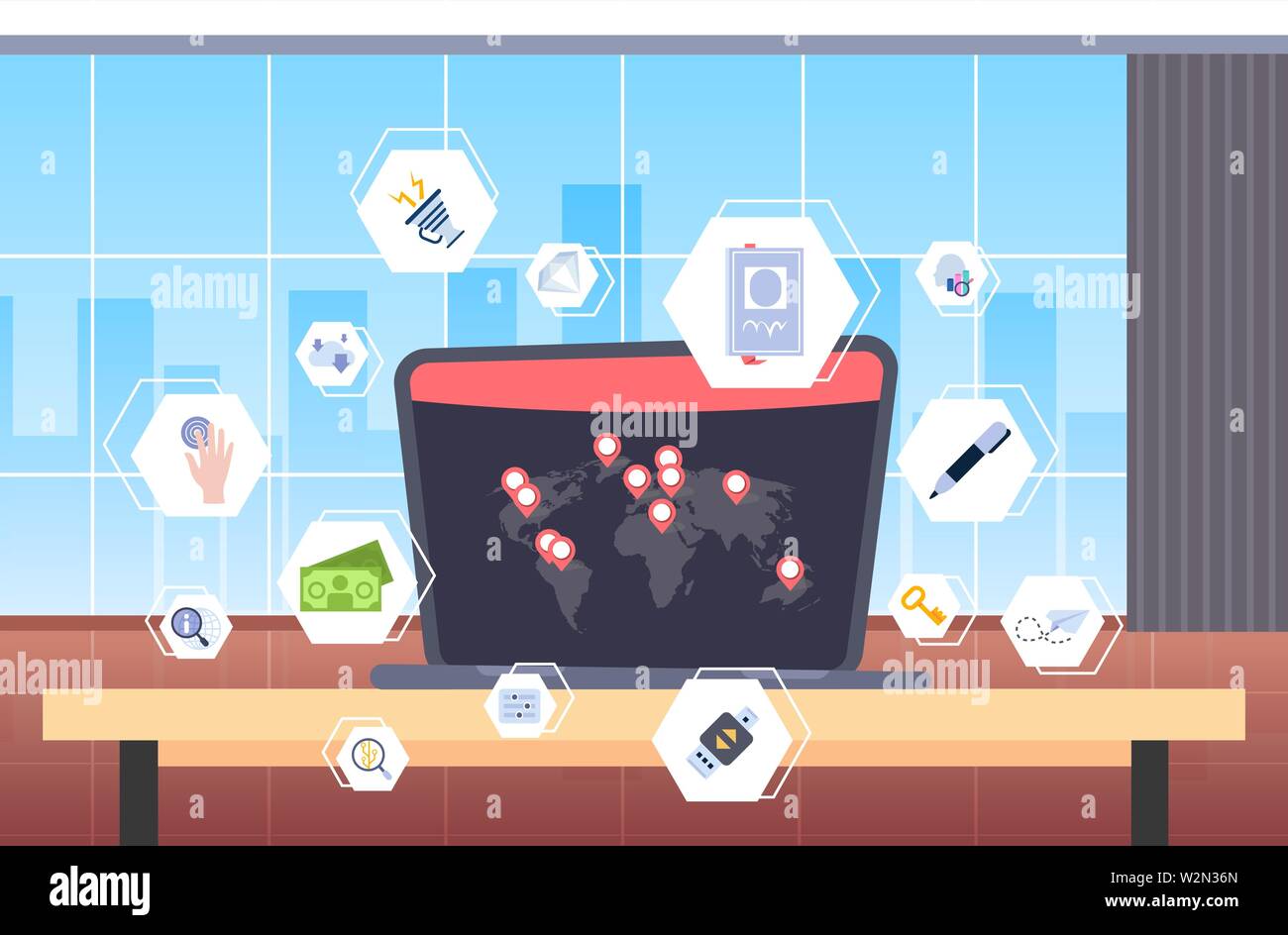 Schermo portatile con mappa del mondo posizione geo tags diverse applicazioni del computer interfaccia virtuale concetto Workplace desk office piatto interno Illustrazione Vettoriale