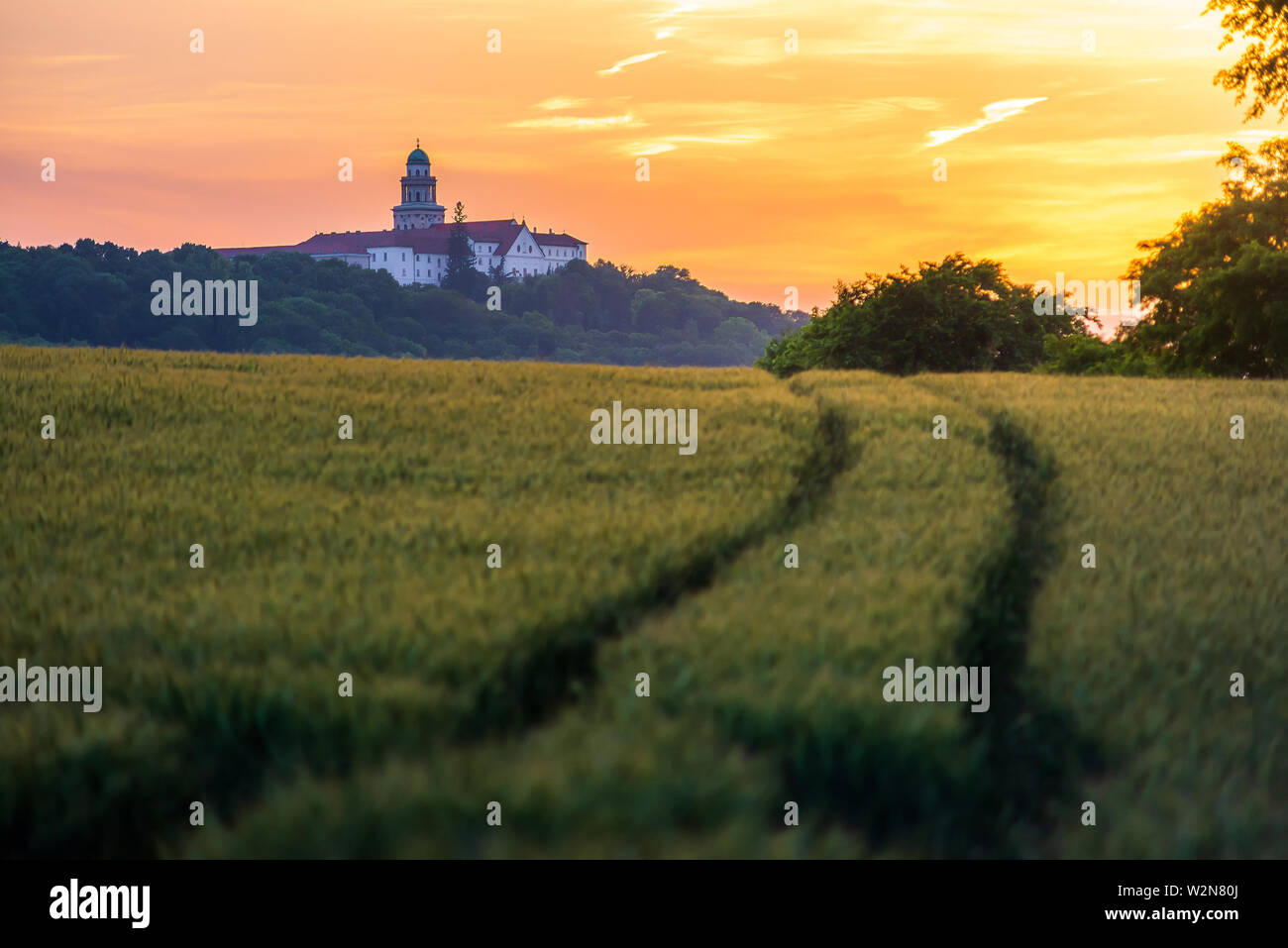 Pannonhalma Arciabbazia con campo di grano e il percorso dell'orario del tramonto in estate Foto Stock