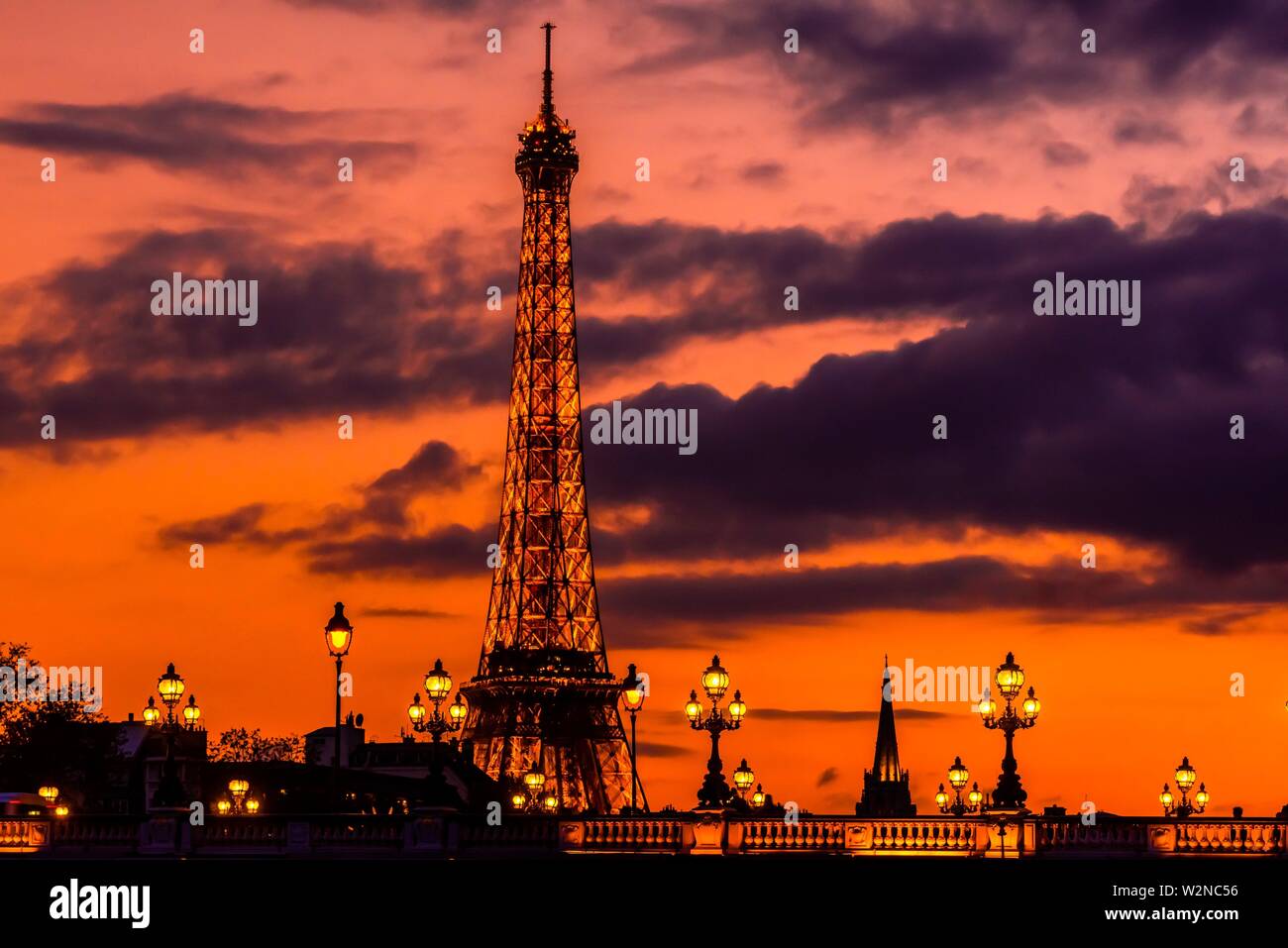 Illuminata di art nouveau lampade dell'ornato Pont Alexandre III (ponte) con la Torre Eiffel sullo sfondo, Parigi, Francia. Foto Stock