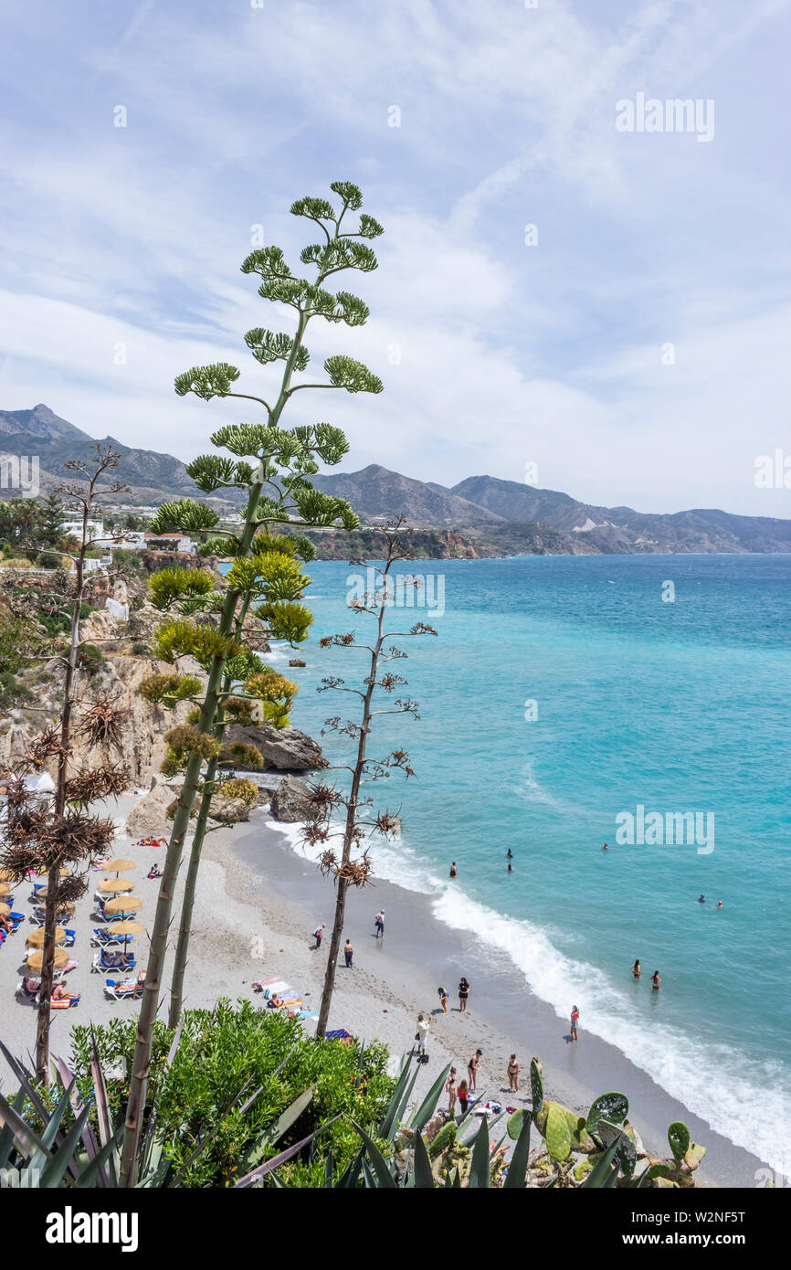 Nerja, Malaga, Costa del Sol, Andalusia, Spagna. Vista della spiaggia di Calahonda. Foto Stock