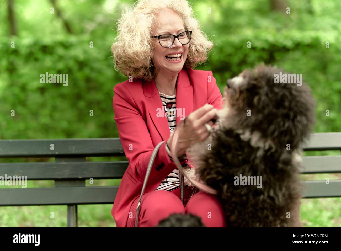 Senior donna (67 anni) con il cane nel parco, nel castello di Nymphenburg, Monaco di Baviera, Germania. Foto Stock