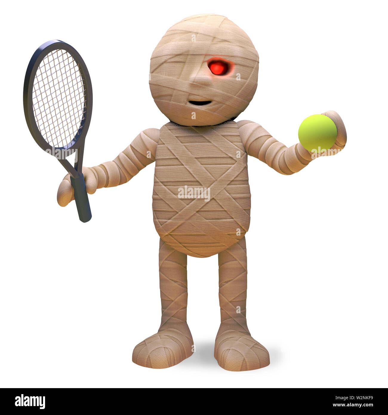 Sportivo mummia egiziana monster ama giocare a tennis in estate, 3D render illustrazione Foto Stock