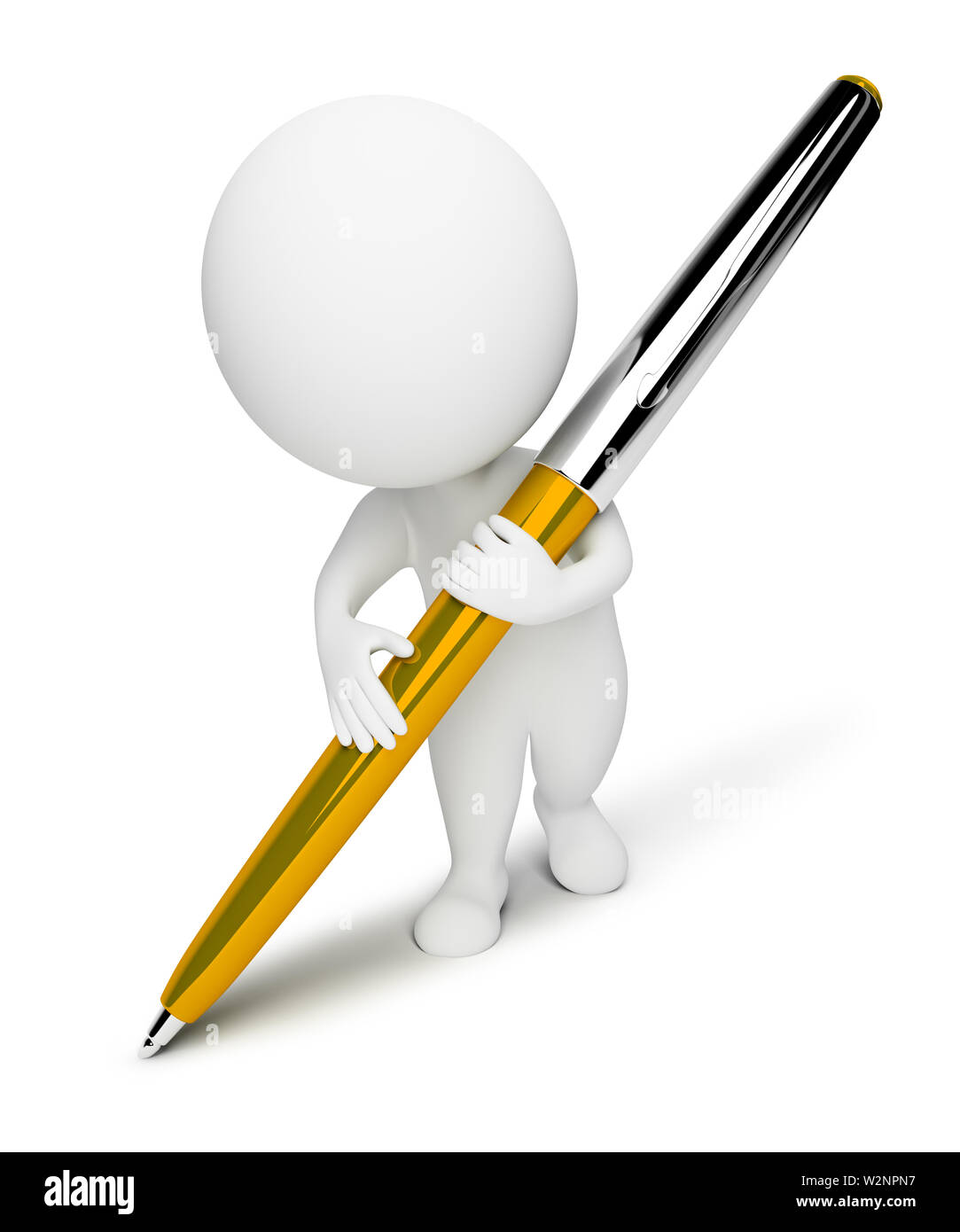 3d piccolo popolo scrive la penna. Immagine 3d. Isolato sullo sfondo bianco. Foto Stock