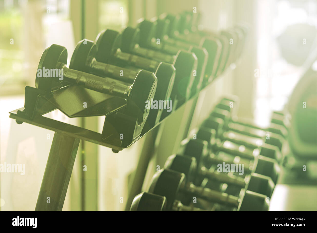 Nero set di manubri. Chiudere molti pesi di metallo sulla cremagliera in sport centro fitness , Peso attrezzature di formazione del concetto. Foto Stock