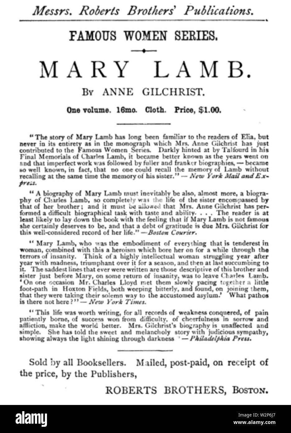 1888 Annuncio di agnello FamousWomen RobertsBros Foto Stock