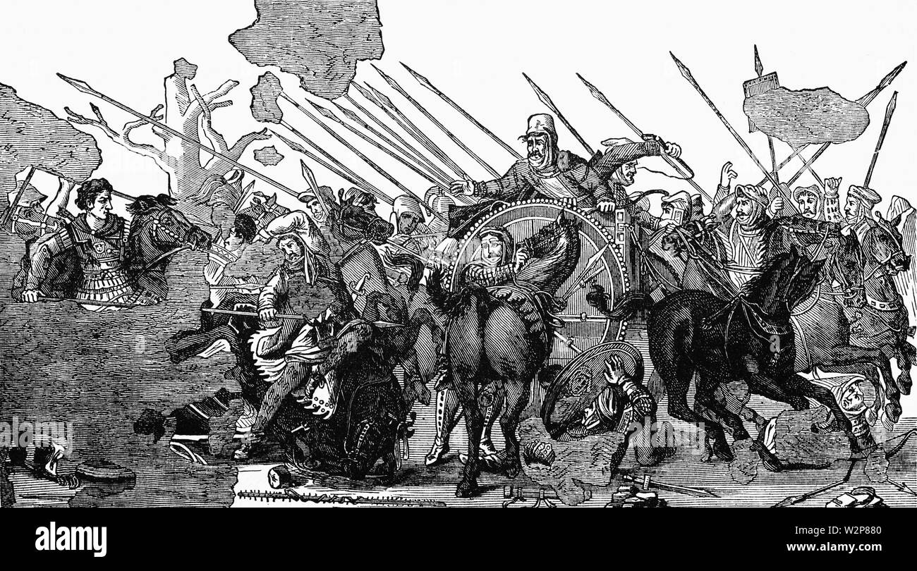 La battaglia di Isso si è verificato su strategici di pianura costiera a cavallo del fiume Pinarus nella provincia turca di Hatay, vicino al confine con la Siria, poi Anatolia meridionale, il 5 novembre del 333 A.C. Esso ha avuto luogo tra il Campionato Ellenico guidato da Alessandro il Grande e l'impero Achemenide, guidato da Dario III e nella seconda grande battaglia di Alessandro la conquista dell'Asia, invadendo truppe macedoni hanno sconfitto la Persia. Foto Stock