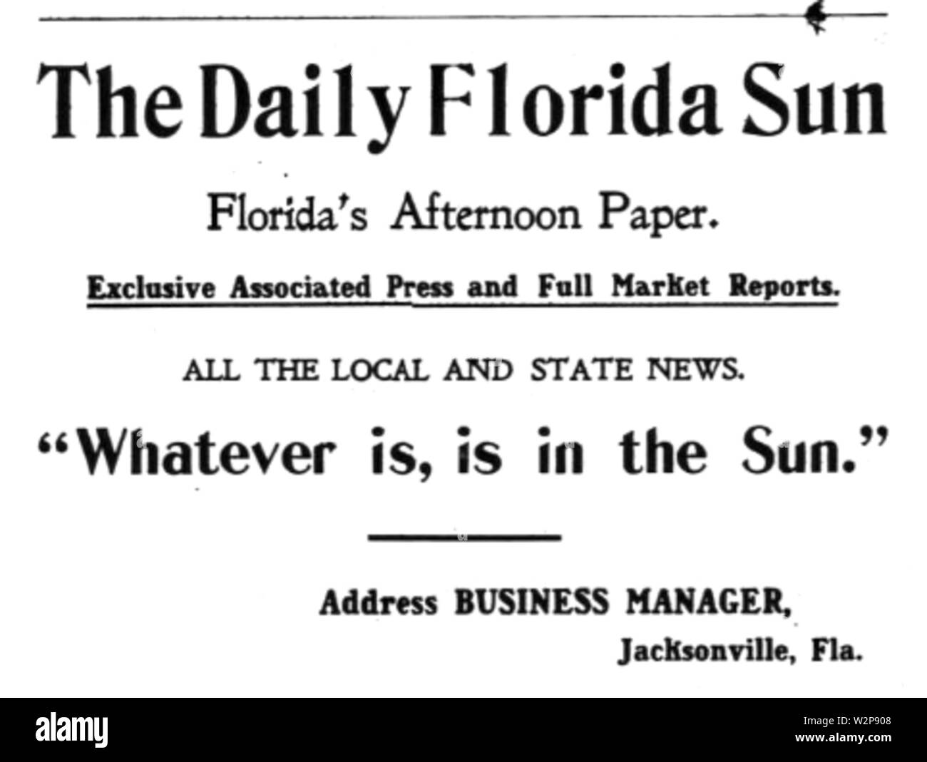 1905 Daily sole della Florida newspaper advert Jacksonville in Florida Foto Stock